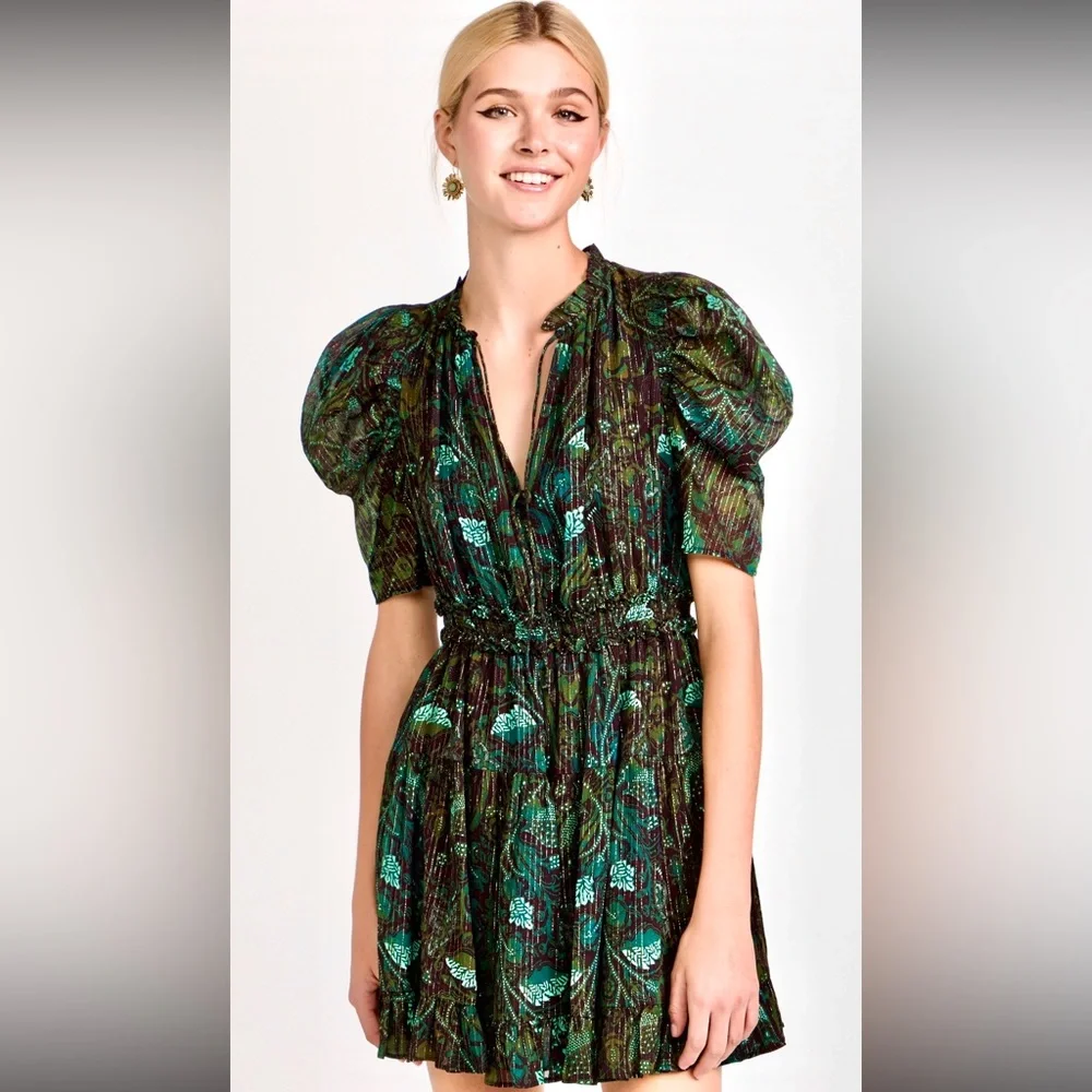 🌺🎉HP🎉🌺 NWT Ulla Johnson Ada Chiffon Mini Dress Rainforest - Picture 7 of 16